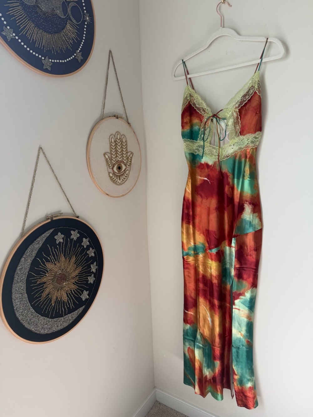 Tie-Dye Lace Trim keyhole maxi Slip Dress